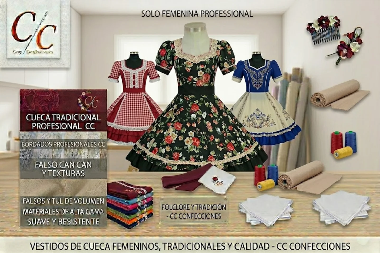 Vestidos de cueca y trajes de huaso tradicionales de Confecory en Chile